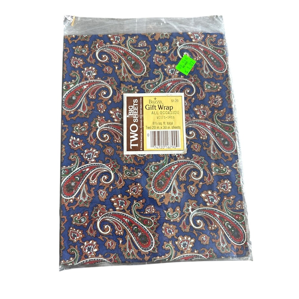 Buzza Gift Wrap Paper Blue Boho All Occasion 2 Sheet Set NIP Retro Junk Journal